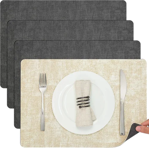 Miniatura 23 de Myir JUN Juego de 6 manteles individuales de doble cara, de piel sintética, para interiores, para mesa de comedor, exteriores, cuadrados, Negro