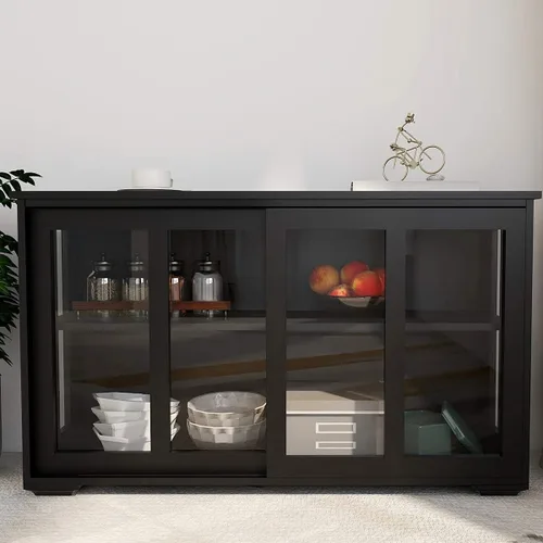 RASOO Aparador de buffet con puerta corrediza de vidrio y estante ajustable, armario de almacenamiento apilable de cocina, muebles antiguos para el
