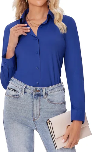Miniatura 11 de siliteelon Camisas con botones para mujer, ajustadas, de manga larga, elásticas, de vestir, camisas de trabajo, sin arrugas, blusas de oficina