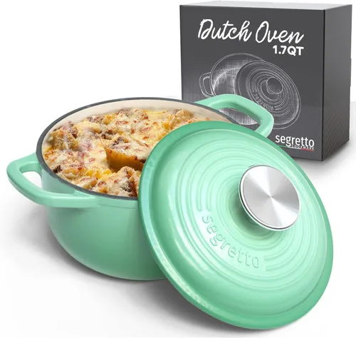 Miniatura 17 de Segretto Cookware Horno holandés de hierro fundido esmaltado, 6 cuartos de galón, verde claro Verde Chiaro (verde claro)