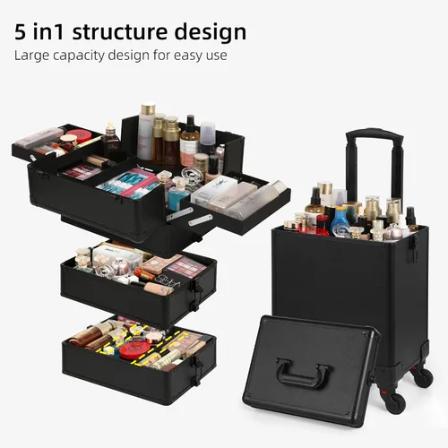 Miniatura 4 de Somduy Estuche de Maquillaje Rodante, Estuche de Tren de Maquillaje con Tapa, Estuche de Cosmetología 5 en 1 sobre Ruedas, Regalo de Navidad