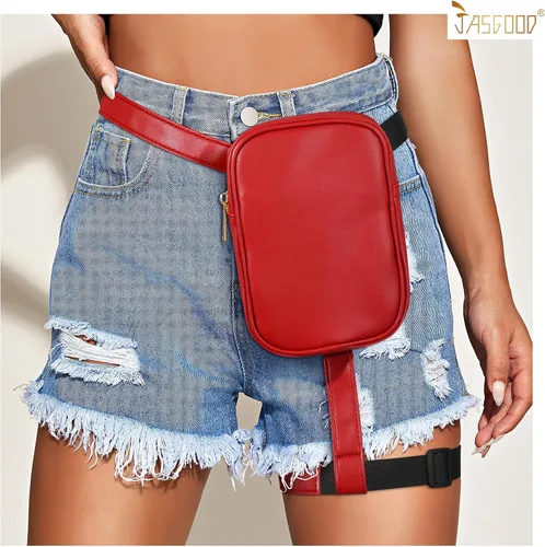 Miniatura 6 de JASGOOD Riñonera de moda para mujer, arnés de muslo, bolsa de pierna caída, C- Rojo, Moda