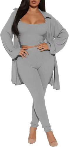 acelyn Conjuntos de 3 piezas para mujer, conjuntos casuales de descanso, ombliguera, cárdigan de entrenamiento, pantalón, traje deportivo