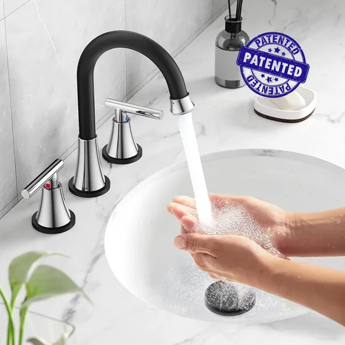 Miniatura 2 de Grifos de baño para lavabo de 3 agujeros, Hurran grifo negro y cromado para lavabo de baño con desagüe emergente y líneas de suministro, grifo