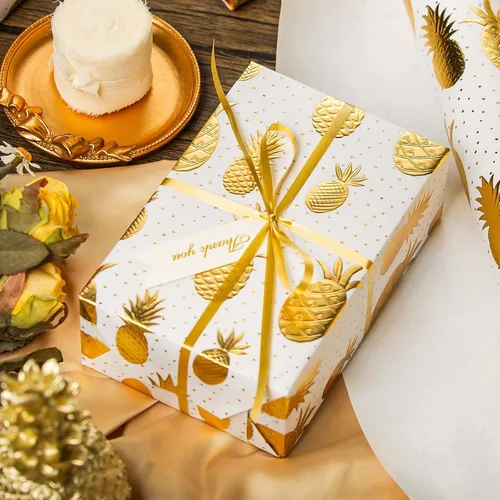Miniatura 6 de Flyhill - Rollo de papel kraft de piña en lata - 17 pulgadas X 33 pies - Diseño de papel de regalo con piña 3D en relieve metálico dorado