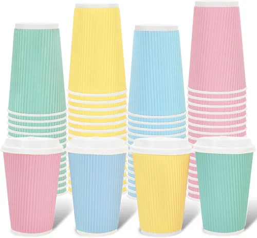 Miniatura 8 de Whaline 100 tazas de café desechables de color azul polvoriento de invierno con tapas, tazas de papel azul degradado de 12 onzas, tazas calientes