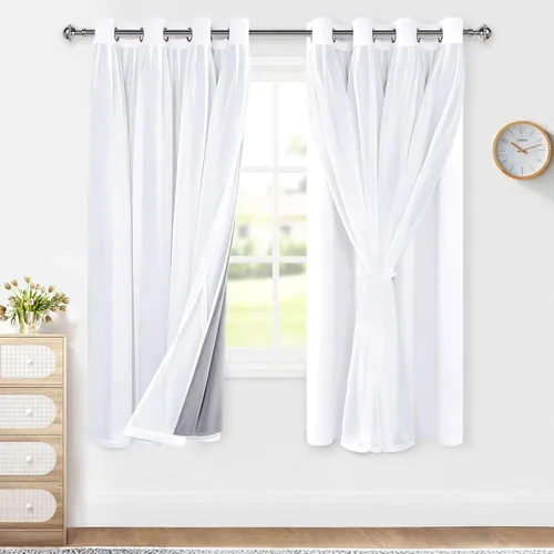 Miniatura 31 de XWZO Cortinas 100% opacas de doble capa para guardería, cortinas opacas con superposición transparente para dormitorio de niñas, cortinas