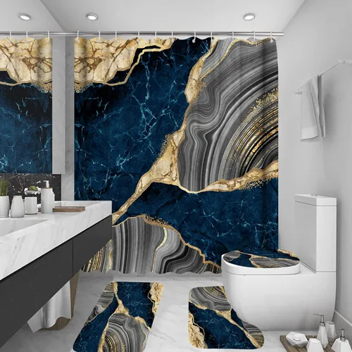 Miniatura 9 de Juego de 4 cortinas de ducha con diseño de mármol, juego de decoración de baño, lujo con 12 ganchos, tapete de baño, tapete para tapa de inodoro