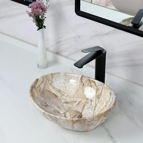 Davivy Lavabo Ovalado de Veteado Nórdico de 16'' X 13'' con Desagüe Pop Up, Lavabo de Cerámica, Lavabos de Baño Sobre Encimera, Lavabos de Baño,