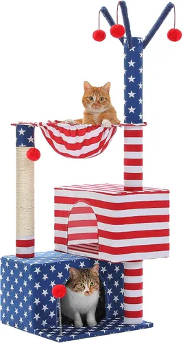 Miniatura 17 de Árbol para gatos de 45 pulgadas para gatos de interior, torre compacta para gatos con 2 condominios, cama hamaca y 5 juguetes de bola colgantes
