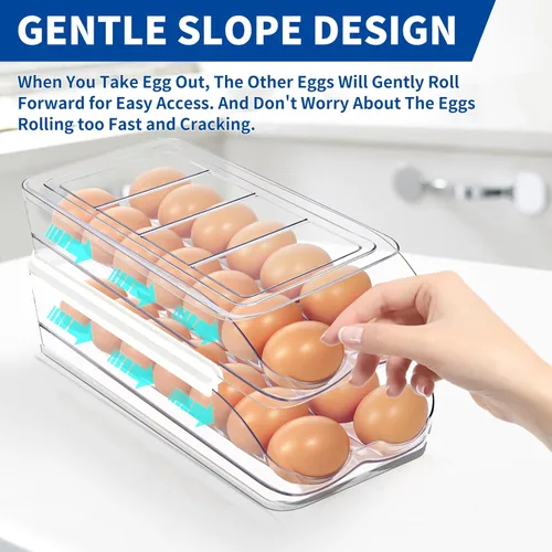 Miniatura 2 de MesRosa Soporte para huevos para nevera, organizador automático de huevos enrollable para refrigerador, contenedor y bandeja de huevos de plástico