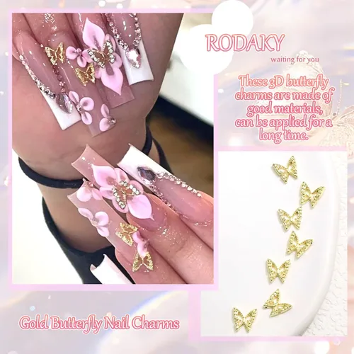 Miniatura 5 de RODAKY 50 dijes de mariposa para uñas, aleación 3D, mariposas, gemas de metal dorado para uñas, decoración de uñas brillantes para mujeres, diseño