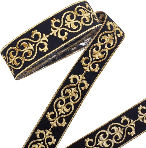 PH PandaHall Cinta jacquard de 1.75 pulgadas, 4 yardas con adhesivo en caliente, ribete floral negro dorado bordado, cinta tejida de tela con flecos