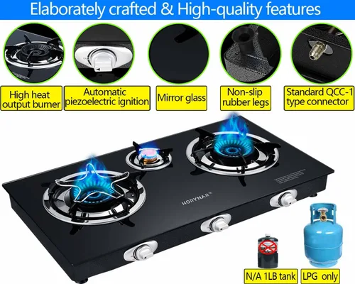 Miniatura 5 de Horynar Estufa de propano de 3 quemadores, quemador de propano, encendido automático, estufa Gsa de 28,000 BTU, vidrio grueso de alta temperatura
