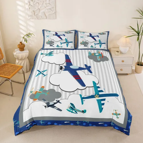 Miniatura 15 de Feelyou Juego de ropa de cama de avión, tamaño individual, para niños, adolescentes, funda de edredón para vuelo, helicóptero, avión volador, azul
