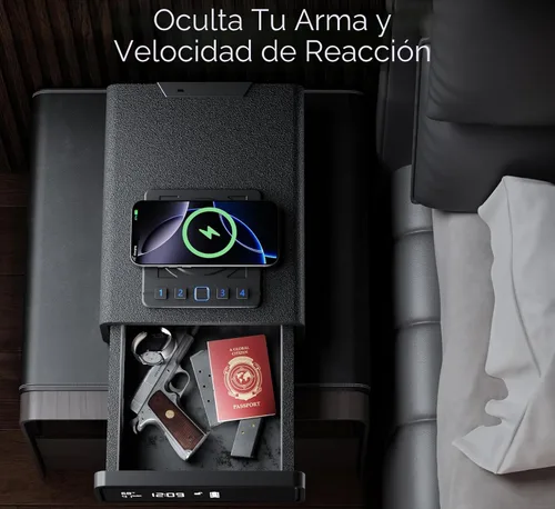 Miniatura 7 de ORARAER Caja fuerte biométrica con carga inalámbrica, 3 métodos de acceso para desbloquear, cajón de mesita de noche, pantalla LED segura
