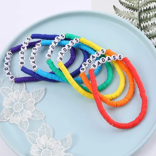 Miniatura 6 de Juego de pulseras heishi arcoíris estilo surfista para mujer, juego de pulseras apilables de cuentas de arcilla, pulseras elásticas con disco