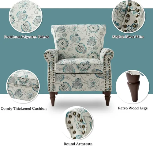 Miniatura 4 de HULALA HOME Silla moderna con respaldo de alas con patas de madera y cojín extraíble, cómodo sillón tapizado con ribete de cabeza de clavo, sofá