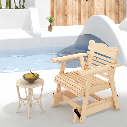 Miniatura 4 de Giantex Mecedora para exteriores – Mecedora de madera para porche con respaldo alto, reposabrazos ampliados, asiento curvo, portavasos giratorio