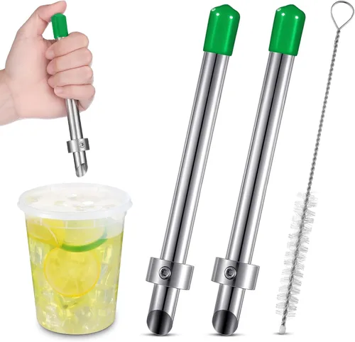 Miniatura 14 de Lasnten Paquete de 2 perforadores de paja para tapas de plástico, vasos de limonada, herramientas de perforación de acero inoxidable para bebidas