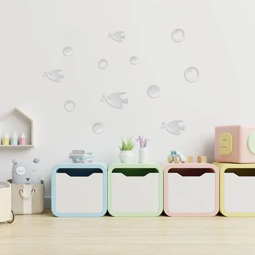 Miniatura 5 de SUPERFINDINGS 58 calcomanías de pared de burbujas plateadas de 8 tamaños con 1 hoja de calcomanías de pared de peces autoadhesivas, efecto espejo