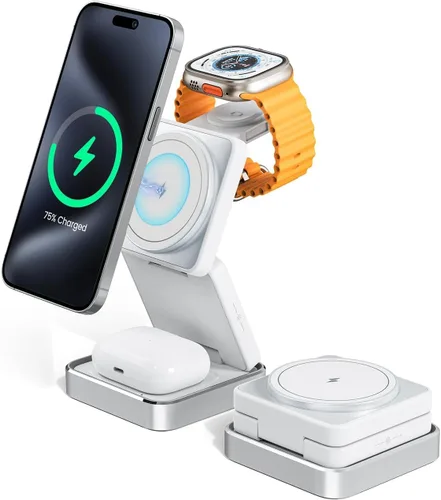 Cargador inalámbrico 3 en 1 para iPhone, estación de carga inalámbrica rápida de 15 W compatible con cargador Mag-Safe, cargador de viaje plegable