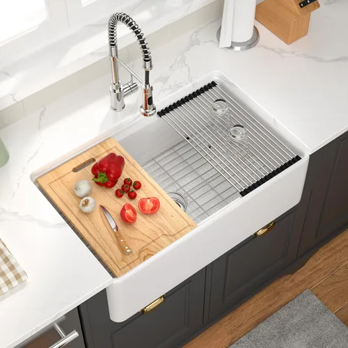 Miniatura 10 de Fregadero de 33 unidades de arcilla refractaria de 33 x 20 x 10 pulgadas, color blanco, fregadero de cocina de porcelana de cerámica, estilo casa
