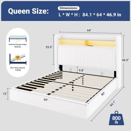 Miniatura 2 de Allewie Marco de cama de almacenamiento hidráulico elevable, tamaño Queen, cabecero de estante de 2 niveles con luces LED y estación de carga, Blanco