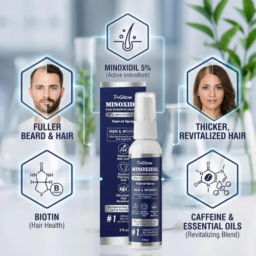 Miniatura 6 de TruGlow - Spray de tratamiento de crecimiento del cabello de minoxidil al 5% para hombres y mujeres con cabello delgado, solución tópica