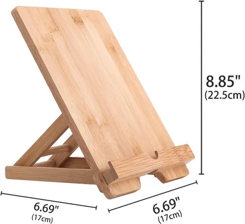 Miniatura 5 de Soporte para tableta de bambú Soporte ajustable plegable de madera para iPad con orificio cargable para escritorio iPad Soporte de cocina