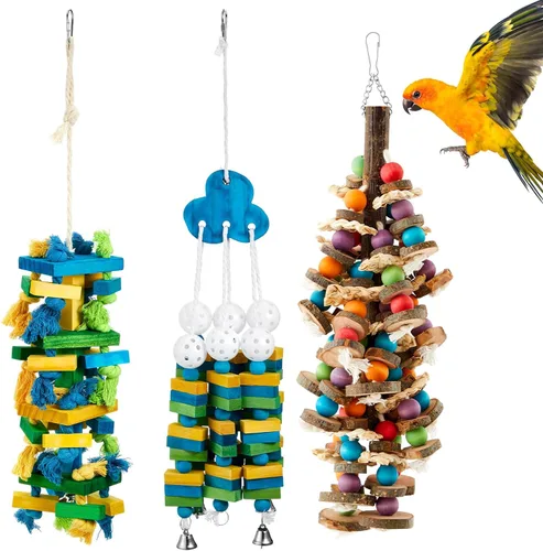 Miniatura 8 de Seenelling 3 piezas de juguete extra grande de loro de madera natural multicolor jaula de loro masticar juguetes para guacamayos grandes medianos