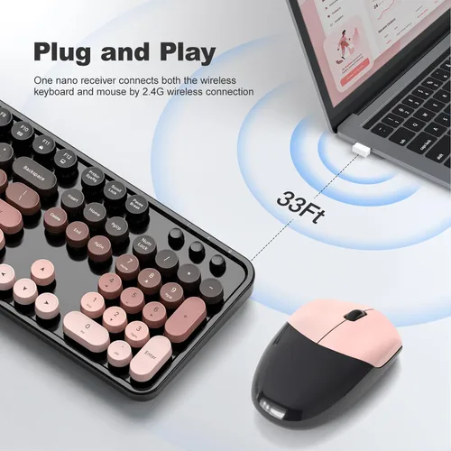 Miniatura 181 de KNOWSQT Combo de teclado y ratón inalámbrico, teclados lindos de tamaño completo estilo máquina de escribir 2.4G azul colorido - receptor USB Plug