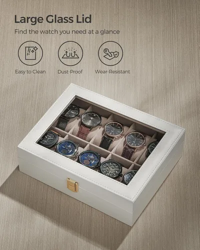 Miniatura 5 de SONGMICS Caja de reloj, regalos de Navidad, caja de reloj de 10 ranuras con tapa de vidrio grande, almohadas de reloj extraíbles, organizador