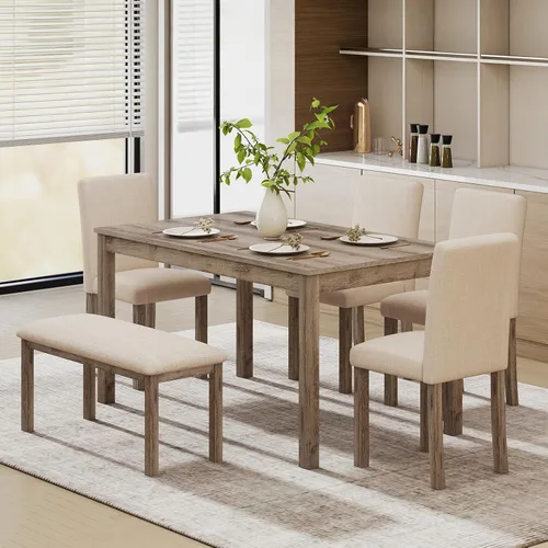 Miniatura 14 de Zevemomo Juego de mesa de comedor de madera maciza de 6 piezas, incluye 1 mesa de comedor, 4 sillas tapizadas y 1 banco, juego de mesa de comedor