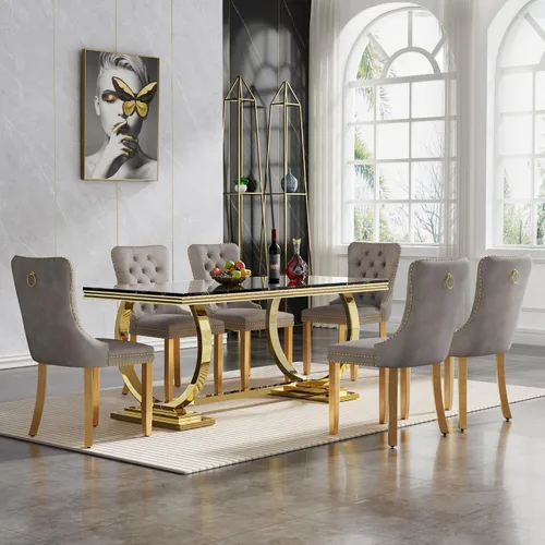 Miniatura 61 de HomVent Juego de mesa de comedor moderna de mármol sintético para 4 personas, mesa de cocina rectangular con 4 sillas beige (dorado)