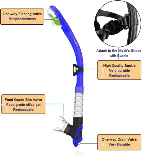 Miniatura 6 de WACOOL Paquete de snorkel para adultos, máscara de buceo de vidrio recubierto antivaho con pieza de boca de silicona, válvula de purga y protector