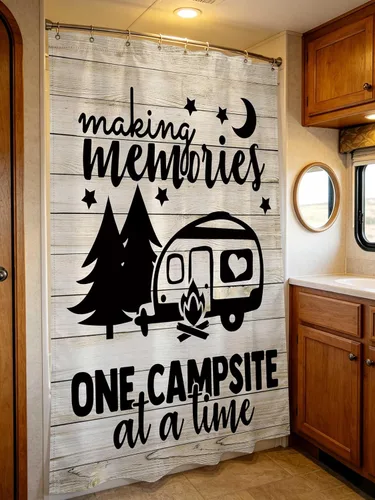 JAWO Camper RV Shower Curtains for Bathroom, Farmhouse Camping Fabric Shower Curtain Accessories for Travel Trailers, Happy Camp Decorations