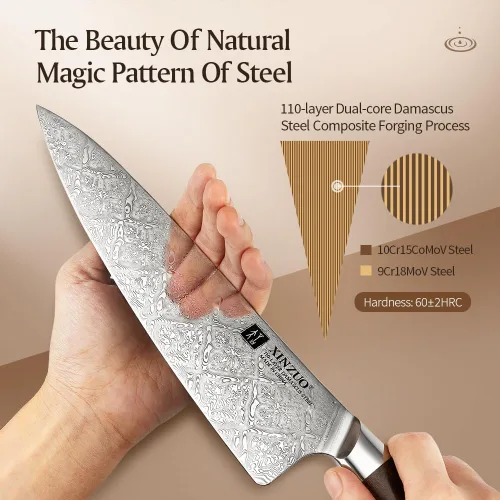 Miniatura 2 de XINZUO Cuchillo de chef de acero de Damasco de 8.3 pulgadas, 110 capas, cuchillo de cocina profesional forjado a mano, espiga completa, cuchillo