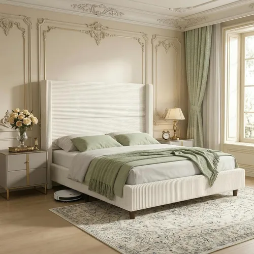 Miniatura 9 de WEUP Queen Bed Frame with Tall Headboard, 56" Corduroy Upholstered Bed Frames, Premier Modern Sturdy Wingback Cloud Bed-Frame Platform, Thicker
