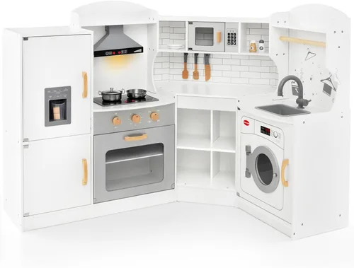 KOTEK Cocina de juego de esquina, cocina de juguete de madera para niños con sonido y luz, campana extractora, máquina de hielo, lavadora, Blanco