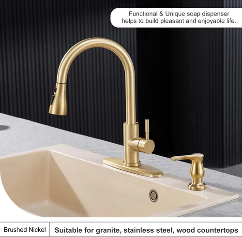 Miniatura 3 de GAGALIFE Dispensador de jabón para fregadero de cocina, dorado cepillado, dispensador de jabón debajo del fregadero con kit de tubo de extensión