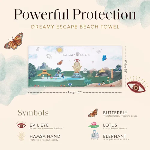 Miniatura 2 de KARMA AND LUCK Dreamy Escape - Toalla de playa para mujeres y hombres, mal de ojo, mano de Hamsa, loto, mariposa y elefante, toallas de playa