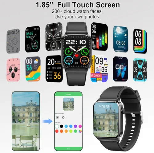 Miniatura 6 de Reloj inteligente para hombres y mujeres, rastreador de fitness, monitor de ritmo cardíaco, reloj inteligente táctil HD de 1.85" para Android iOS