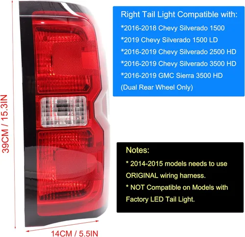 Miniatura 2 de MOCW Luz trasera derecha compatible con Chevrolet Silverado 1500 2500 HD 3500HD 2014-2018, GMC Sierra 3500 HD 2014-2018, luces traseras de freno