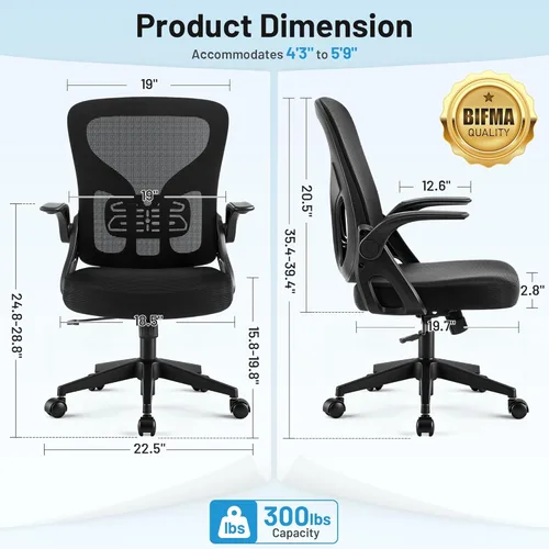 Miniatura 2 de Silla de oficina ergonómica con soporte lumbar ajustable, silla de malla transpirable con respaldo alto con función de inclinación de 120° y Negro