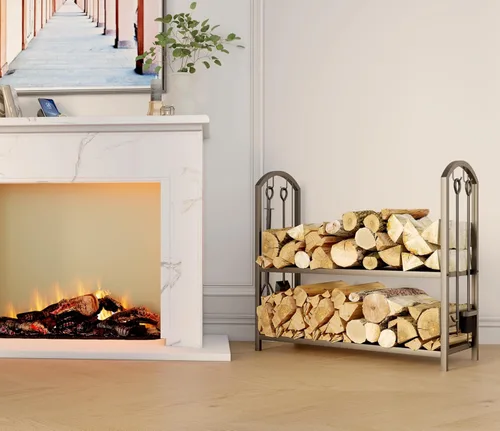 Miniatura 2 de Fire Beauty - Soporte para leña de chimenea con 5 piezas, soporte para troncos con juego de herramientas de 4 piezas, soporte para leña