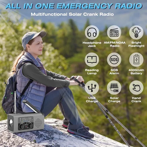 Miniatura 9 de Nitigo - Radio de emergencia de 4,000 mAh con manivela solar AM/FM/NOAA, portátil, con cargador de teléfono, linterna LED, lámpara de lectura