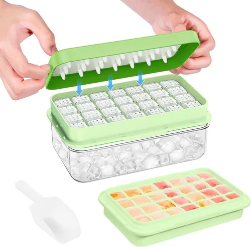 Miniatura 11 de Bandeja para cubitos de hielo con tapa y contenedor, 28 moldes para cubitos de hielo, bandejas de hielo para congelador, molde de bandeja
