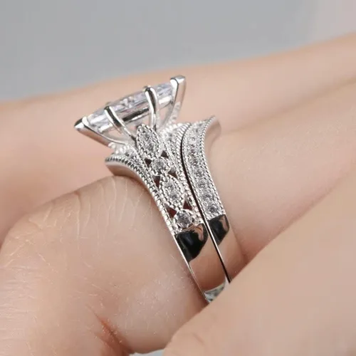 Miniatura 6 de Jeulia Juego de 2 anillos de plata de ley con corte marquesa milgrain para novia, boda, compromiso, aniversario