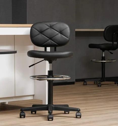 Miniatura 4 de KLASIKA Taburete alto con ruedas de dibujo con soporte de respaldo bajo y anillos ajustables para reposapiés, juego de 2 sillas de escritorio negro